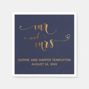 Guld och marinblå Mr. och Calligraphy w Hearts Pappersservett