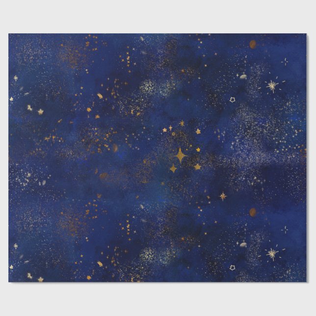 Guld och marinblå stjärnor presentpapper (Platt)
