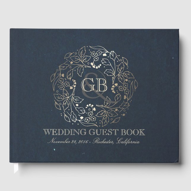 Guld och marinens Blommigt Vintage bröllop Gästböcker (Framsida)