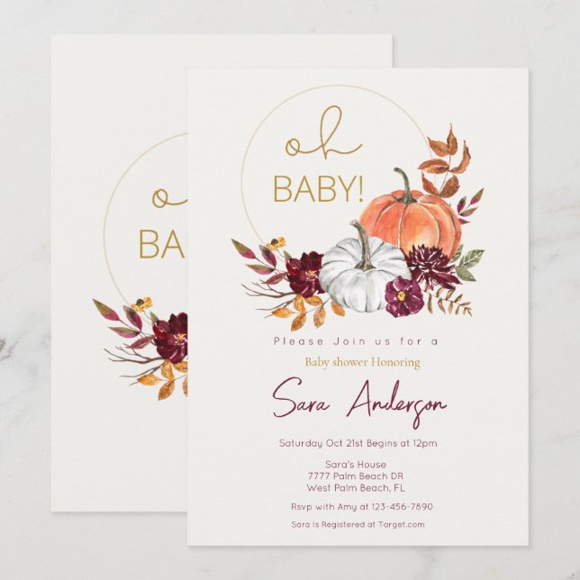 Guld och Maroon Pumpkin Fall Baby Shower Inbjudningar (Fram/baksida)
