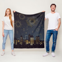 Guld och midnattblått cityscape med fyrverkerier