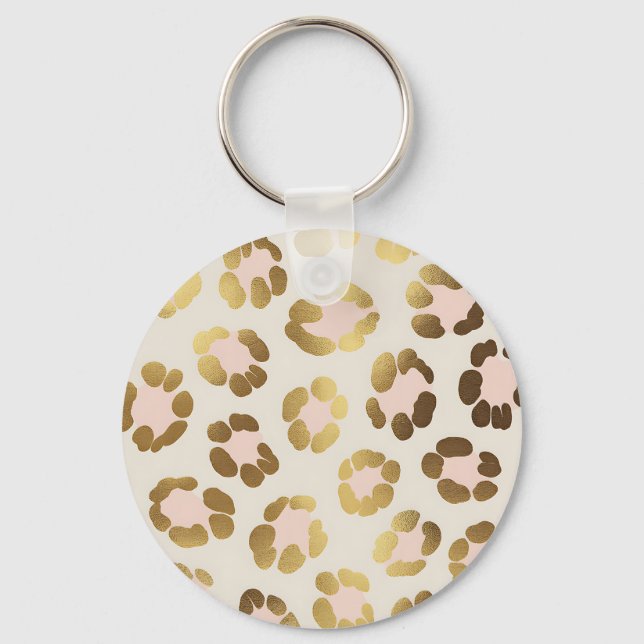 Guld och Pastell Rosa Leopardtryck Chic Djur Nyckelring (Framsida)