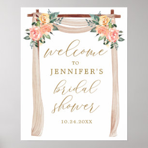 Guld- och persiko blomsterbröllopsdusch välkomstaf poster