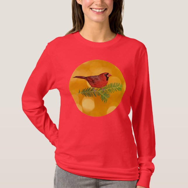 Guld och Red Cardinal Bird Art Helgdag Shirt T (Framsida)