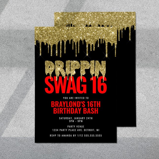 Guld och Red Drippin Swag 16 Birthday Inbjudningar (Skapare uppladdad)