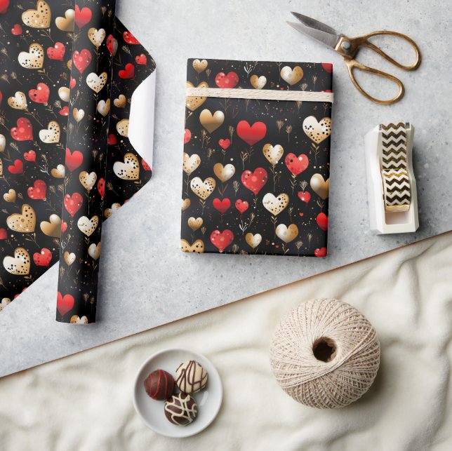 Guld och Red Hearts on Black Luxury Presentpapper (Hantverk)