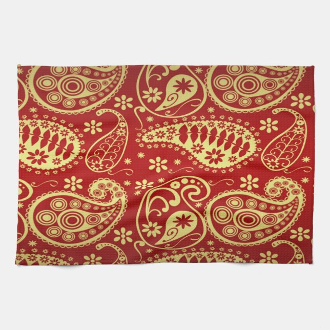 Guld och Red Paisley Mönster Kökshandduk (Horisontell)