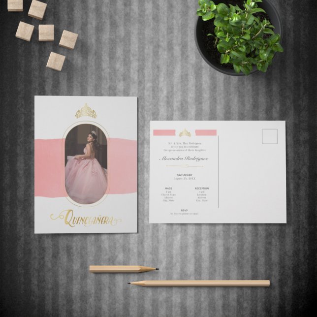 Guld och Ro Rosa Photo Quinceanera Inbjudan Vykort (Skapare uppladdad)