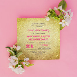 Guld och Ro Tourmaline Rosa Glitter Sweet 16 Inbjudningar