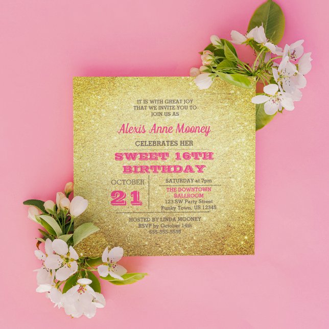 Guld och Ro Tourmaline Rosa Glitter Sweet 16 Inbjudningar (Skapare uppladdad)