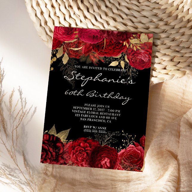 Guld och Röd Blommigt 60:e födelsedag Svartvit och Inbjudningar (Create your own red and gold floral glam invite.)