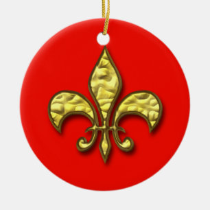 Guld och Röd Fleur de Lis Jul prydnad Julgransprydnad Keramik