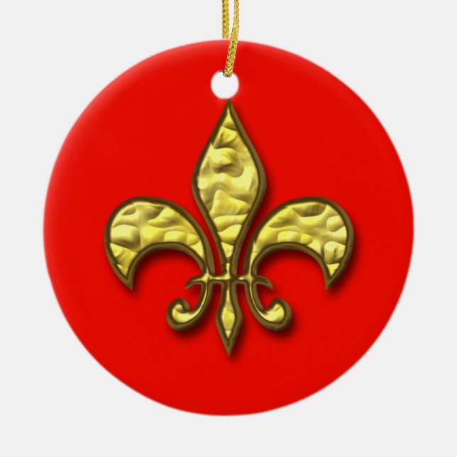 Guld och Röd Fleur de Lis Jul prydnad Julgransprydnad Keramik (Framsidan)