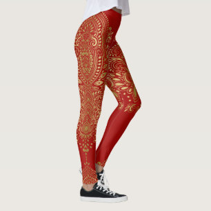 Guld och röd paisley mandala leggings