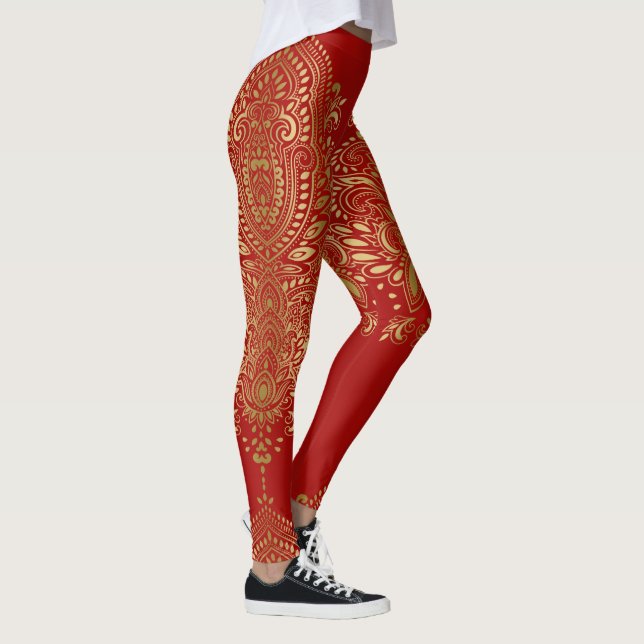 Guld och röd paisley mandala leggings (Höger)