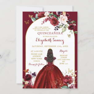 Guld och Röd ros Blommigt Quinceañera Inbjudningar