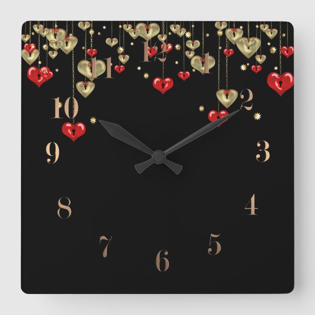 Guld och röda hjärtan mot svart bakgrund fyrkantig klocka (Framsida)