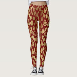 Guld och Röda Löv Mönster Leggings