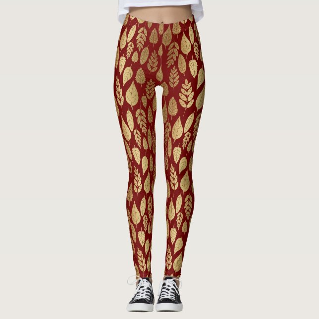 Guld och Röda Löv Mönster Leggings (Framsida)