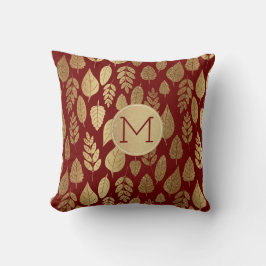 Guld och Röda Löv Mönster och Monogram Kudde