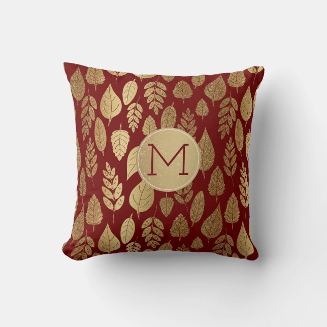 Guld och Röda Löv Mönster och Monogram Kudde (Framsida)
