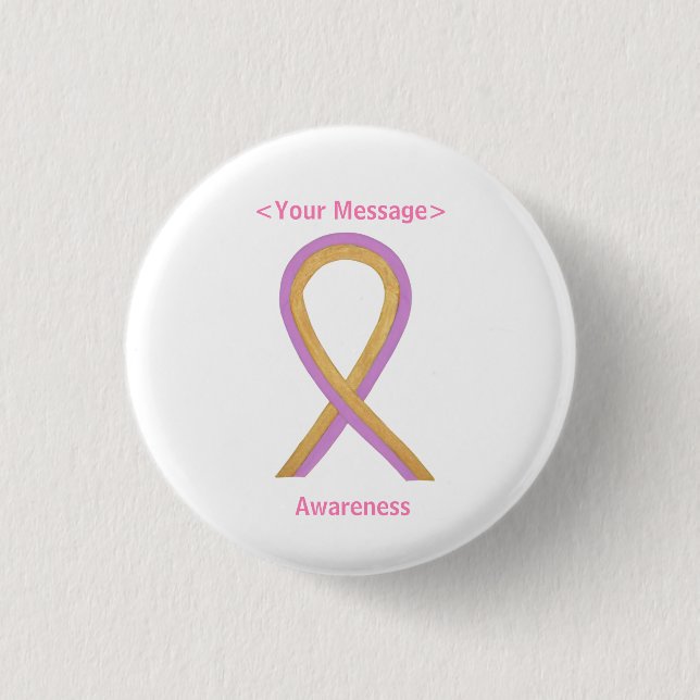 Guld och Rosa Awareness Ribbon Angel Button Stift Knapp (Framsida)