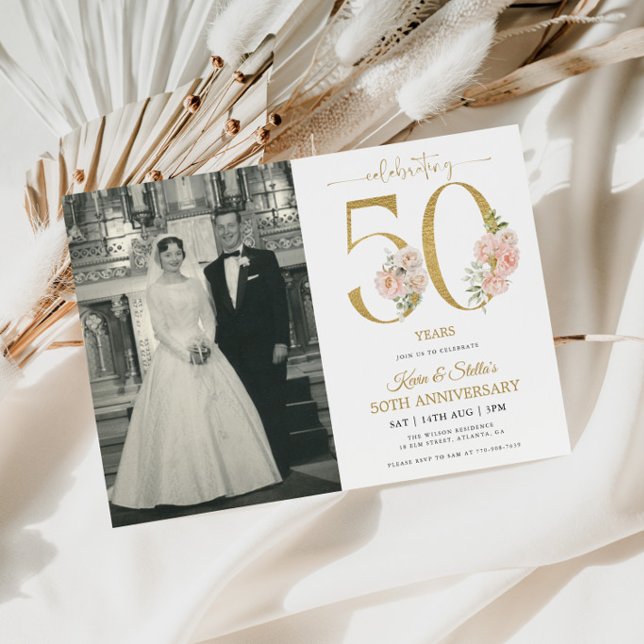 Guld och Rosa Blommig 50-årsjubileum Inbjudningar (Skapare uppladdad)