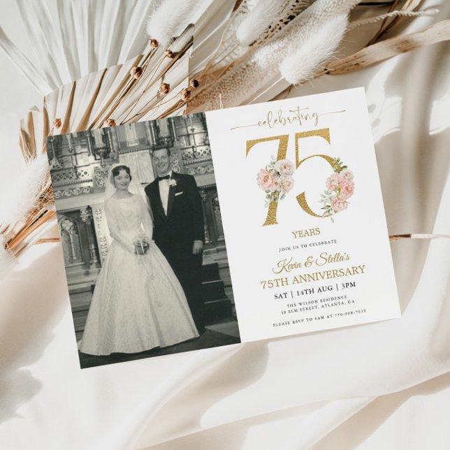 Guld och Rosa Blommig 75-årsjubileum Inbjudningar (Skapare uppladdad)