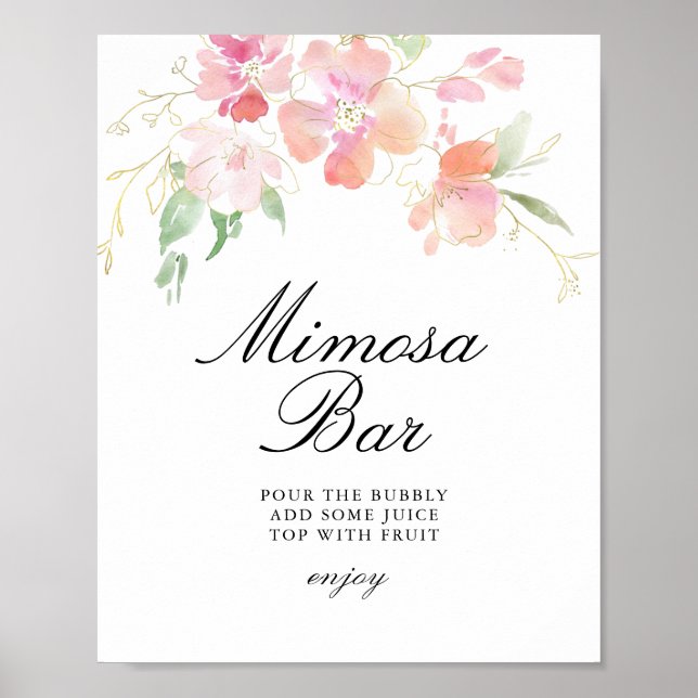 Guld- och rosa blommig bröllopsdusch mimosa bar sk poster (Framsidan)