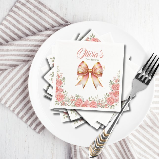 Guld och Rosa Blommigt Bow Baby Shower Pappersservett (Skapare uppladdad)