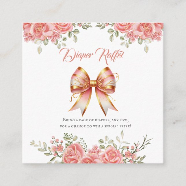 Guld och Rosa Blommigt Bow Baby Shower Raffel Tilläggskort (Framsida)