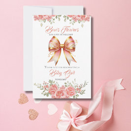 Guld och Rosa Blommigt Bow Baby Shower Tack Kort