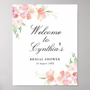 guld- och rosa blomsterbröllopsdusch välkomstskylt poster