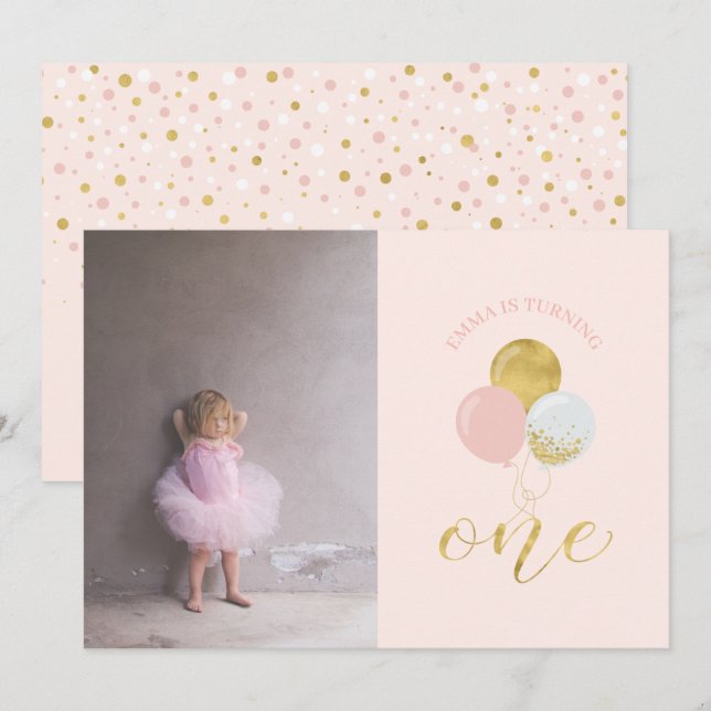 Guld och Rosa Bubblor | Flicka 1:a födelsedagen Pa Inbjudningar (Fram/baksida)