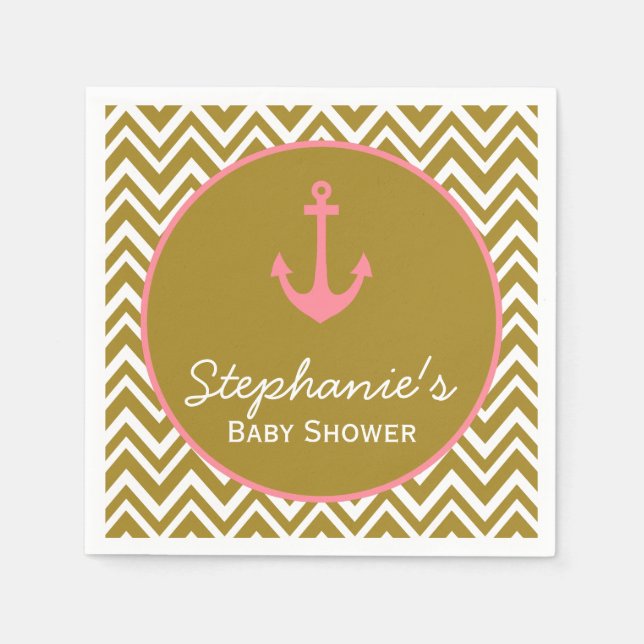 Guld och Rosa Chevron Nautical Baby Shower Pappersservett (Framsidan)