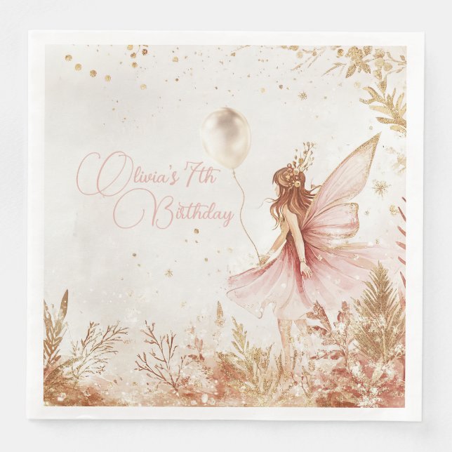 Guld och Rosa Fairy Birthday Pappersservett (Framsida)