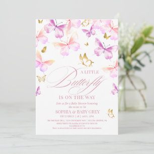 Guld och rosa fjärilsflicka baby shower inbjudningar