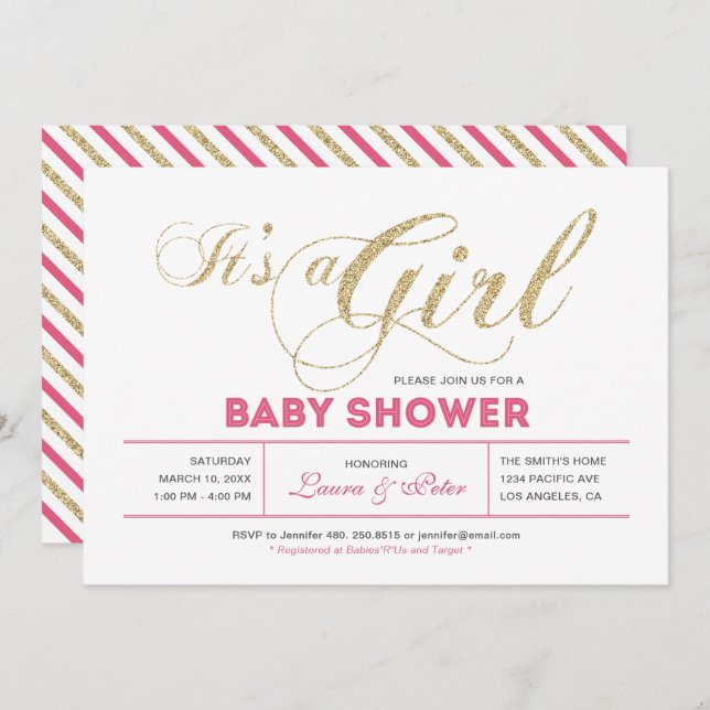 Guld och Rosa | Flickor, Chic Typography Baby Show Inbjudningar (Fram/baksida)