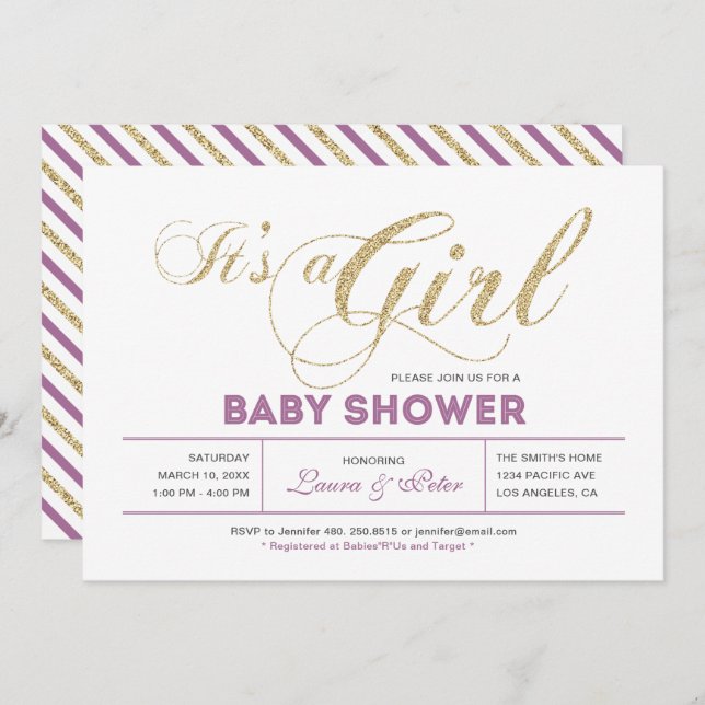 Guld och Rosa | Flickor, Chic Typography Baby Show Inbjudningar (Fram/baksida)