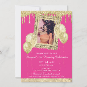 Guld och rosa glitter dropp fotoram inbjudningar