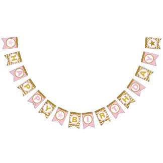 Guld och Rosa Grattis på födelsedagen Bunting Flag Vimplar