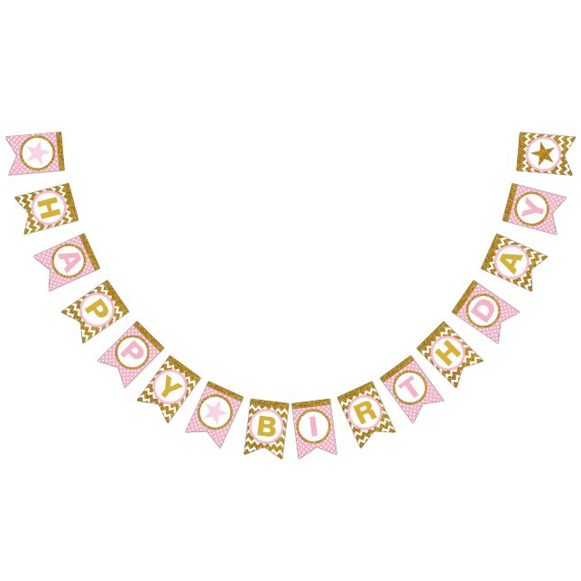 Guld och Rosa Grattis på födelsedagen Bunting Flag Vimplar (Alla)