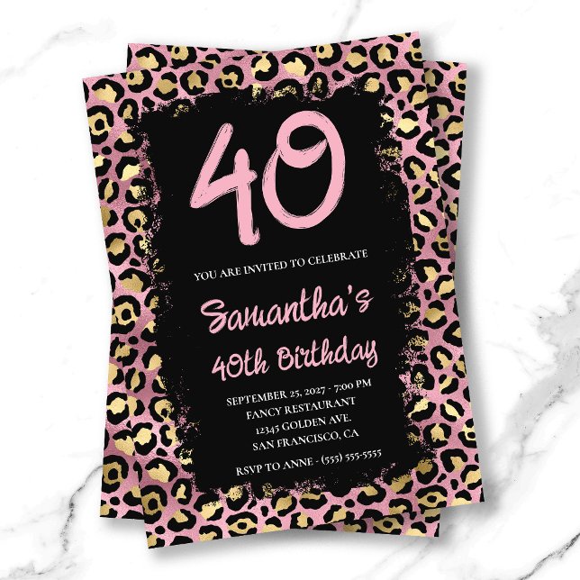 Guld och rosa leopard målade svarta 40-årsfirande inbjudningar (Gold and Pink Leopard Painted Black 40th Birthday Invitation)