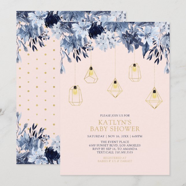Guld och Rosa | Ljus Boho chic Baby Shower Inbjudningar (Fram/baksida)