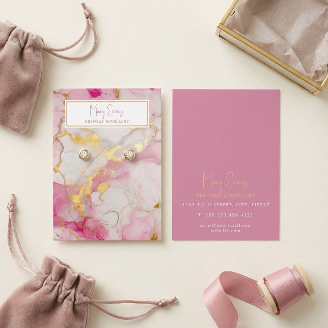 Guld och rosa marmoreringseffekt visning visitkort (Gold and pink marble effect earring display card.)