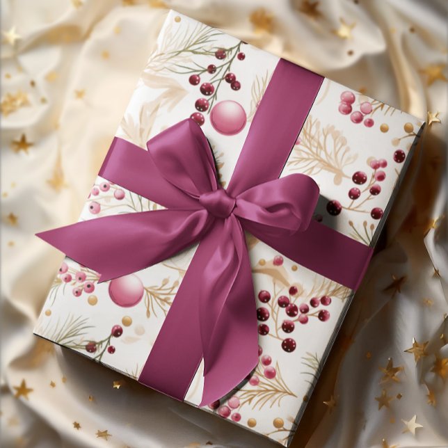 Guld och Rosa | Ornament och Winterberry Mönster Presentpapper (Skapare uppladdad)