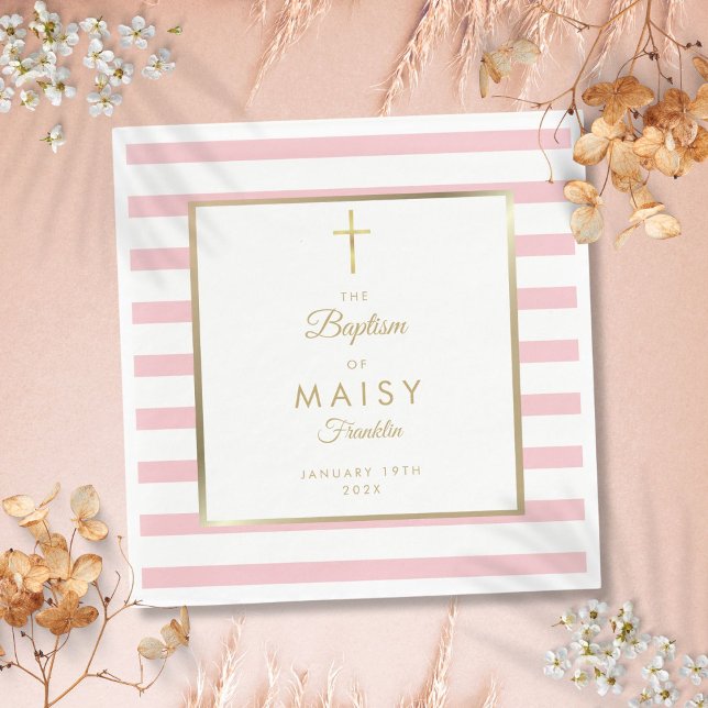 Guld och rosa rand dop pappersservett (Gold And Pink Stripe Baptism Christening Napkins)