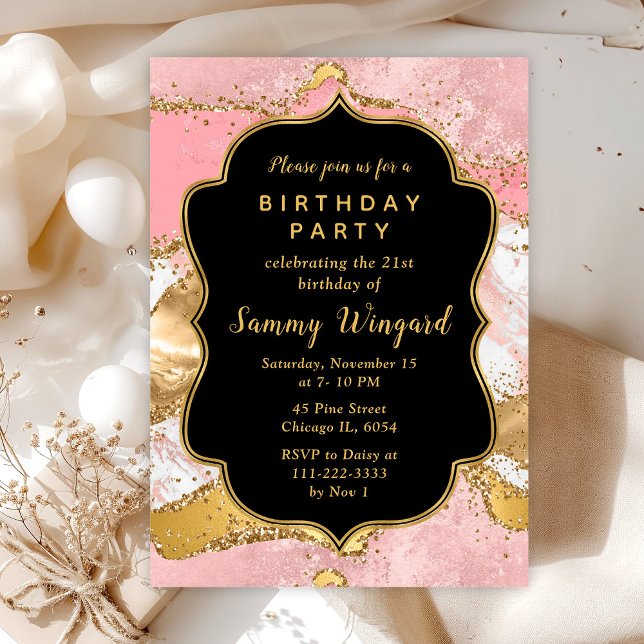 Guld och Rosa Sequins Agate Birthday Inbjudningar (Skapare uppladdad)