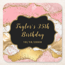 Guld och Rosa Sequins Agate Birthday Underlägg Papper Kvadrat