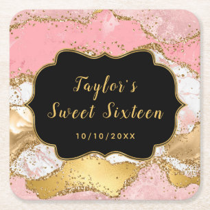 Guld och Rosa Sequins Agate Sweet sixteen Underlägg Papper Kvadrat